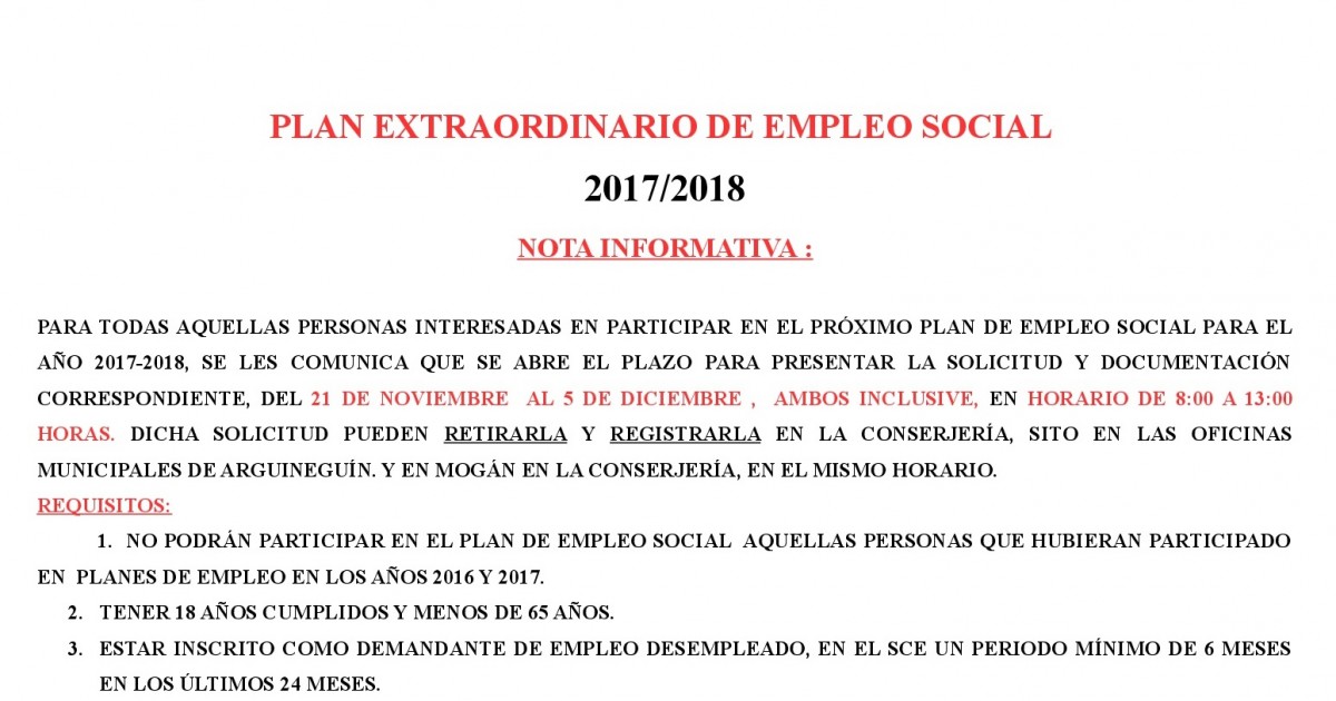 El Ayuntamiento de Mogán abre el plazo de presentación de solicitudes para el Plan Extraordinario de Empleo Social 2017-2018