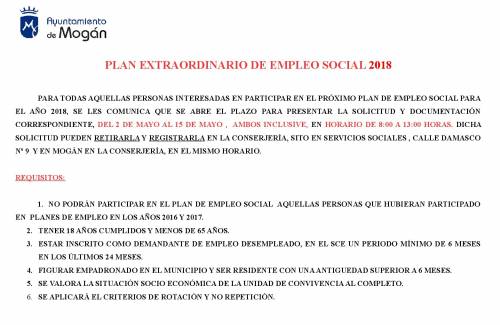 El Ayuntamiento de Mogán abre el plazo de presentación de solicitudes para el Plan Extraordinario de Empleo Social 2018